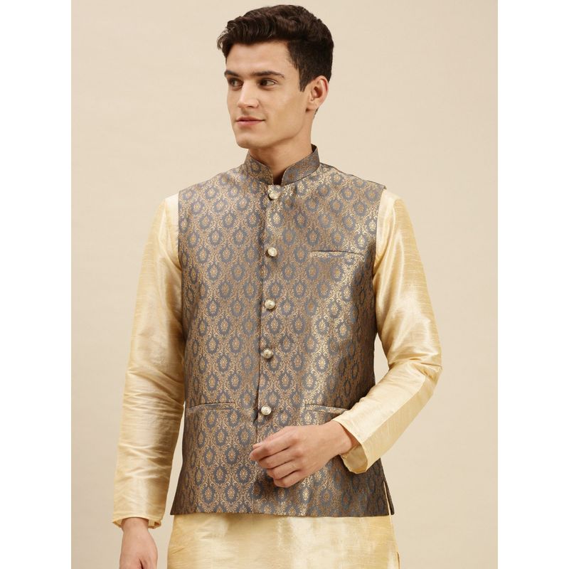 Sanwara Mens Grey Printed Art Silk Ethnic Bandi Jacket (36)