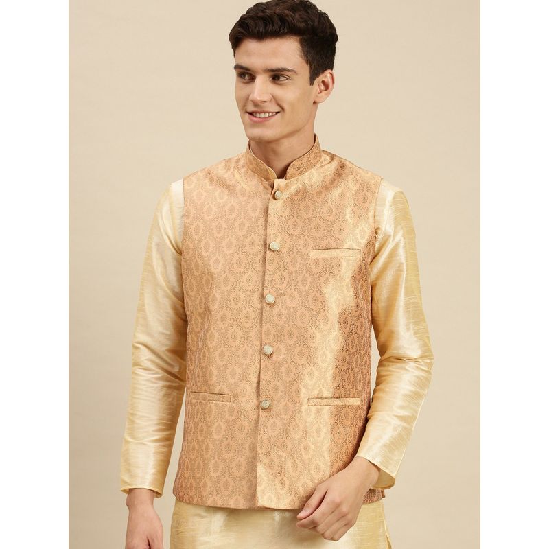 Sanwara Mens Peach Printed Art Silk Ethnic Bandi Jacket (36)