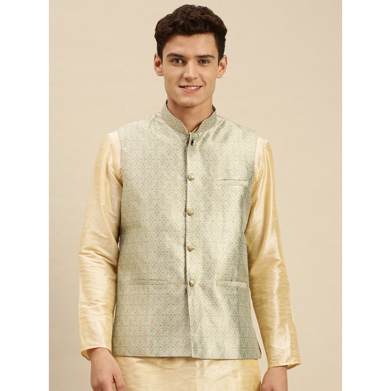 Sanwara Mens Steel Green Printed Art Silk Ethnic Bandi Jacket (38)