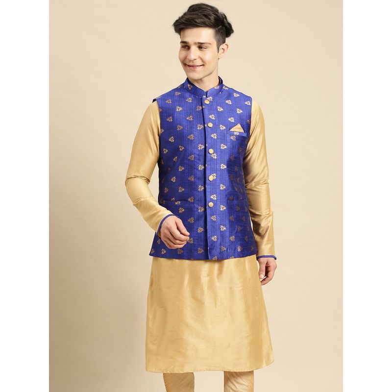 Sanwara Mens Ink Blue Printed Art Silk Ethnic Bandi Jacket (36)