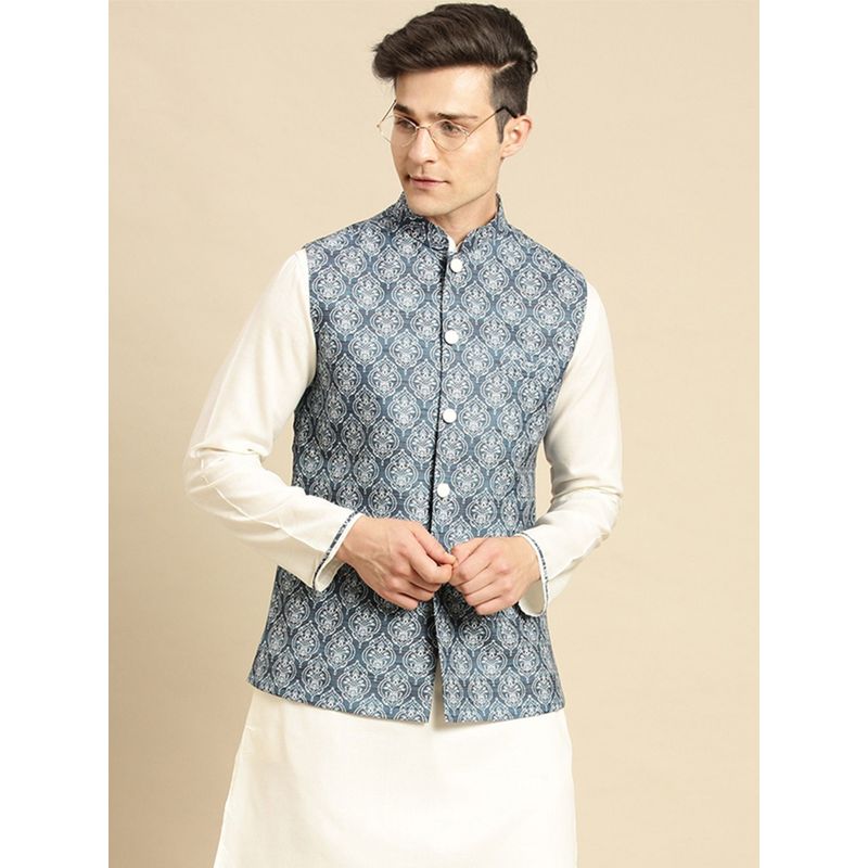 Sanwara Mens Denim Color Printed Art Silk Ethnic Bandi Jacket (36)