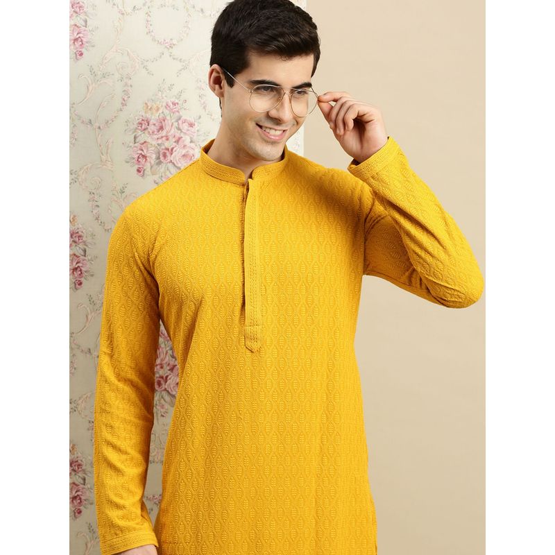 Sanwara Mens Mustard Chickenkari Long Sleeve Cotton Designer Kurta (40)