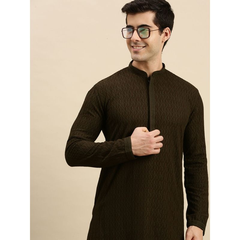 Sanwara Mens Olive Green Chickenkari Long Sleeve Cotton Designer Kurta (42)