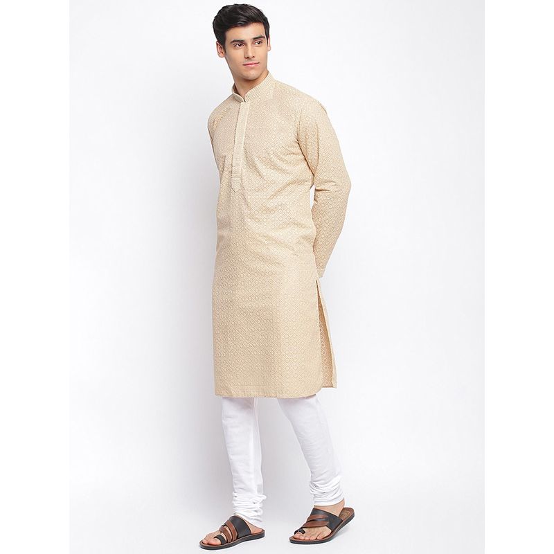 Sanwara Men Beige Cotton Chikankari Pattern Straight Kurta With Churidar (Set of 2) (S)