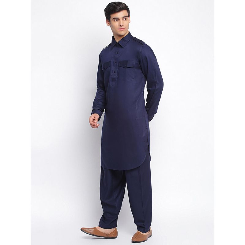 Sanwara Men Deep Blue Cotton Solid Pathani Set (M)