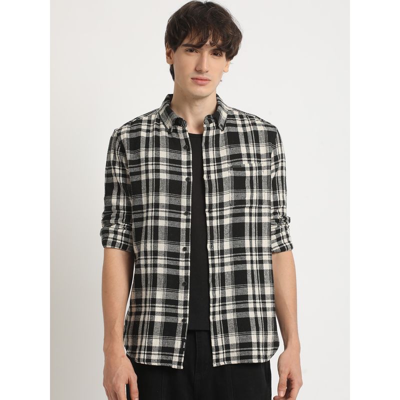 THE BEAR HOUSE Men's Black Checked Slim Fit Casual Shirt (L)