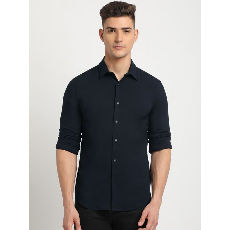 THE BEAR HOUSE Men Navy Blue Solid Slim Fit Casual Shirt (S)