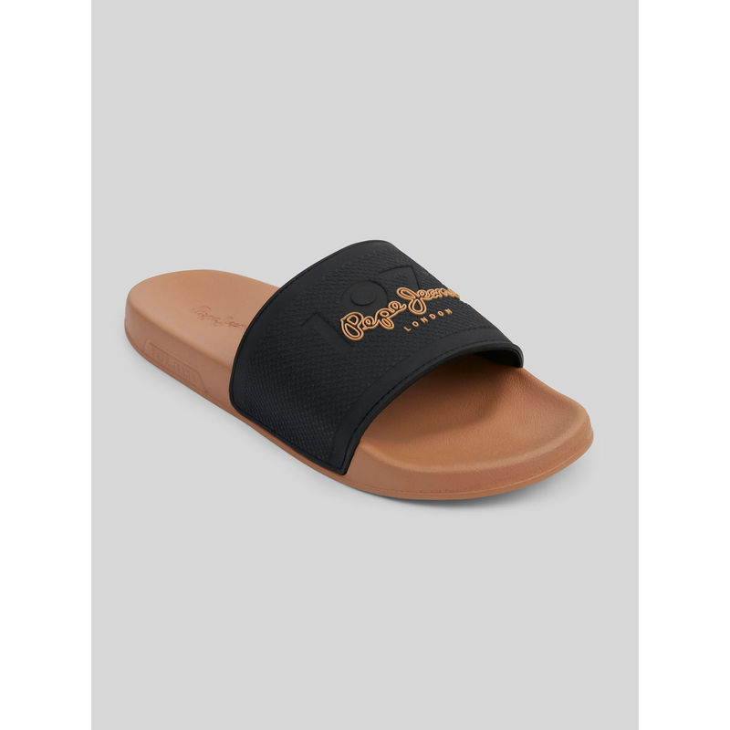 Pepe Jeans Black & Brown Lightweight Beach Sliders with Textured Logo Print (EURO 44)