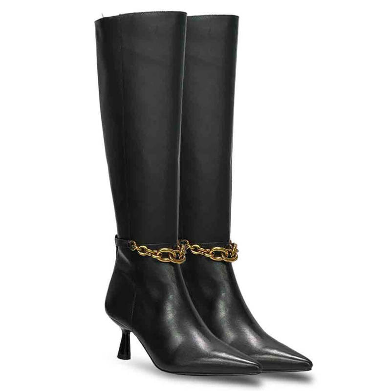 Saint G Freya Chain Embellished Black Leather Long Casual Boots (EURO 36)