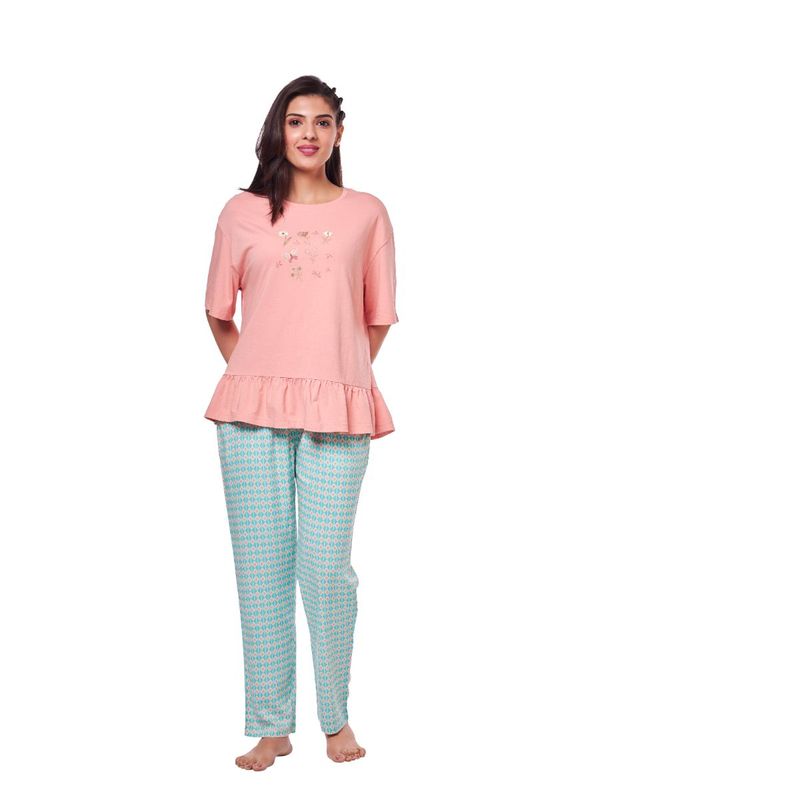 July Nightwear For Women Embroidery Cotton T-Shirt - Pyjama-Pc846 - Pink (XL)