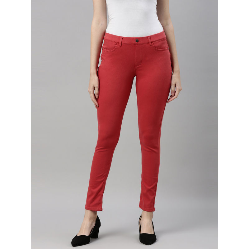 Go Colors Women Young Solid Super Stretch Jeggings - Red (M)