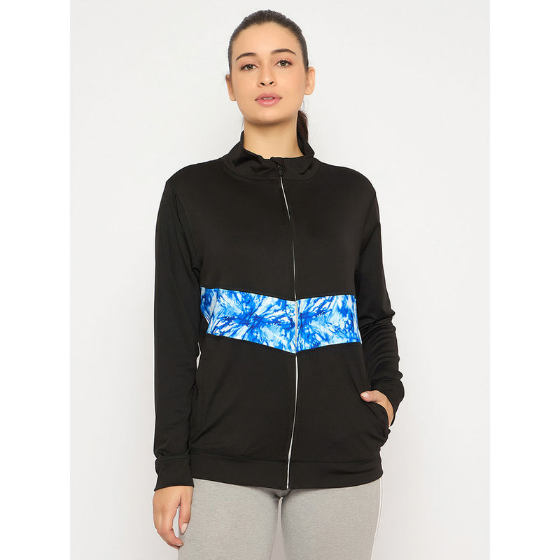 Clovia Active Zipper Jacket in Black with Sky Blue Panels (M)