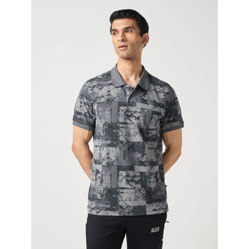 Technosport Grey Men Printed Slim Fit Polo Sports T-Shirt (L)