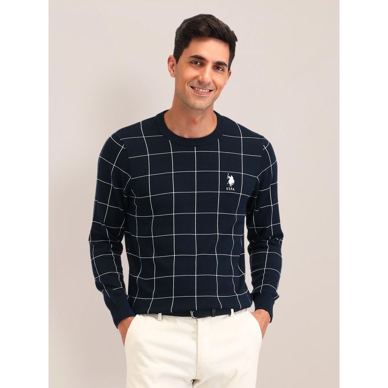U.S. POLO ASSN. Checks Navy Blue Full Sleeves Sweater (S)