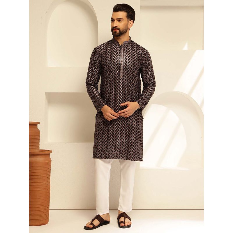 SOJANYA (Since 1958) Men's Cotton Embroidered Black Kurta (36)