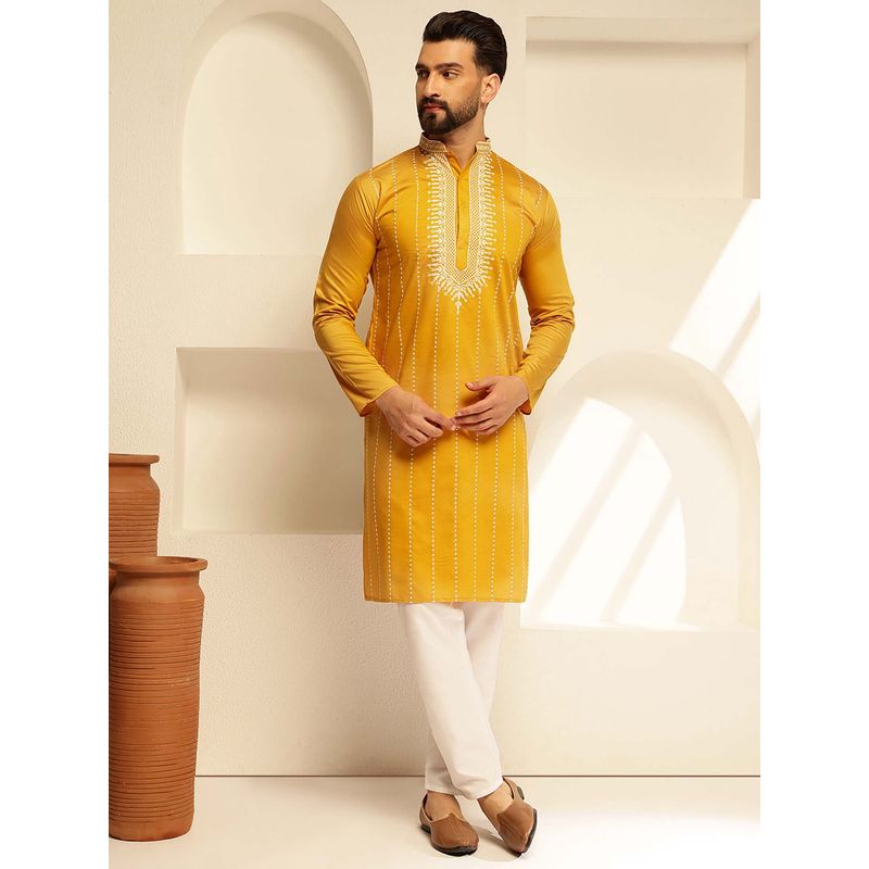 SOJANYA (Since 1958) Men's Cotton Silk Mustard Kurta with Elegant Neck Embroidery (38)