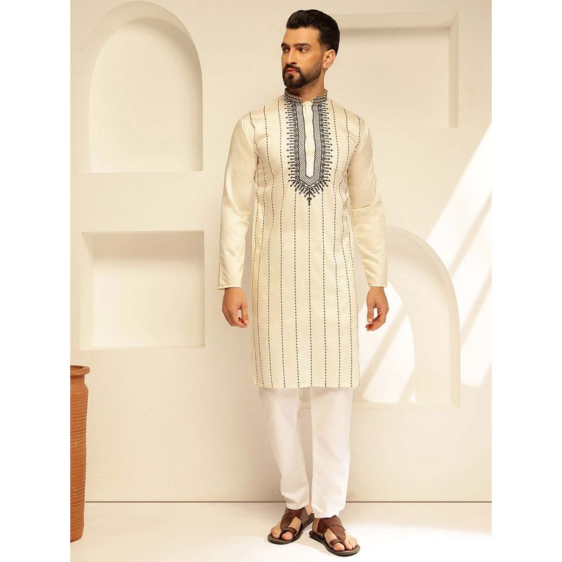 SOJANYA (Since 1958) Men's Cotton Silk Cream Kurta with Elegant Neck Embroidery (36)