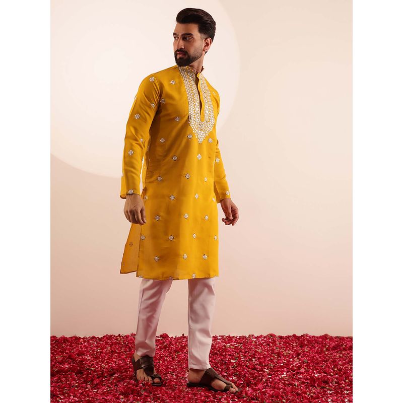 SOJANYA (Since 1958) Men's Cotton Silk Neck Embroidered Mustard Kurta (38)