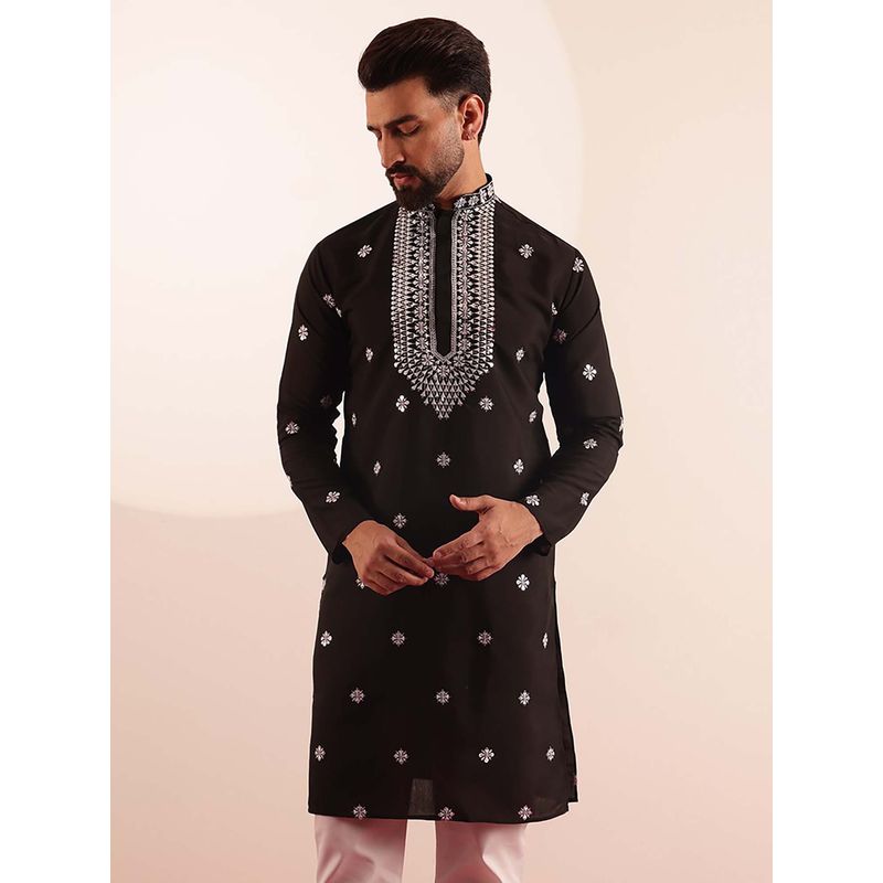 SOJANYA (Since 1958) Men's Cotton Silk Neck Embroidered Black Kurta (36)