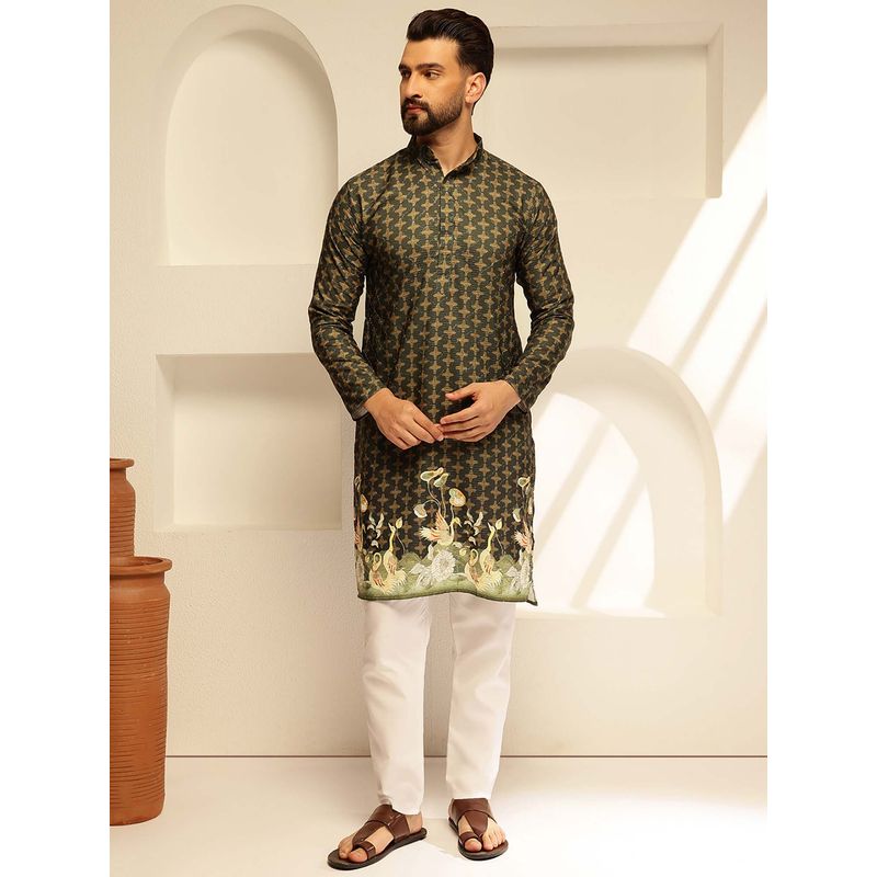 SOJANYA (Since 1958) Men's Cotton Daman Print Green Kurta with Krochet Embroidery (44)