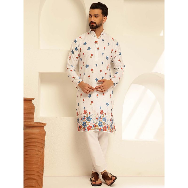 SOJANYA (Since 1958) Men's Cotton Daman Print White Kurta with Krochet Embroidery (42)