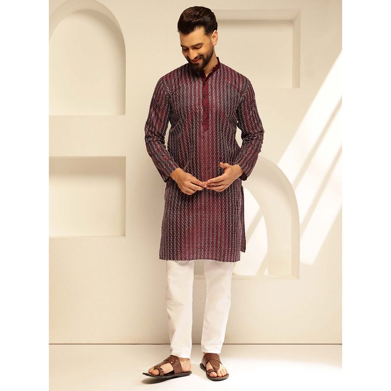 SOJANYA (Since 1958) Men's Silk Blend Maroon Kurta with Contrast White Thread Detailing (36)