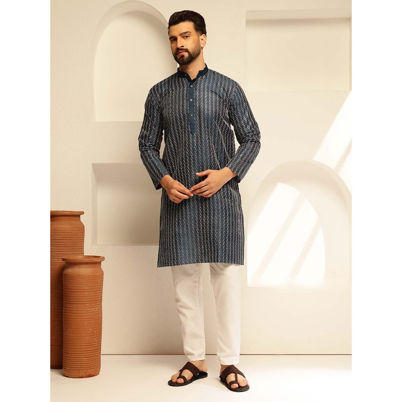 SOJANYA (Since 1958) Men's Silk Blend Navy Kurta with Contrast White Thread Detailing (36)