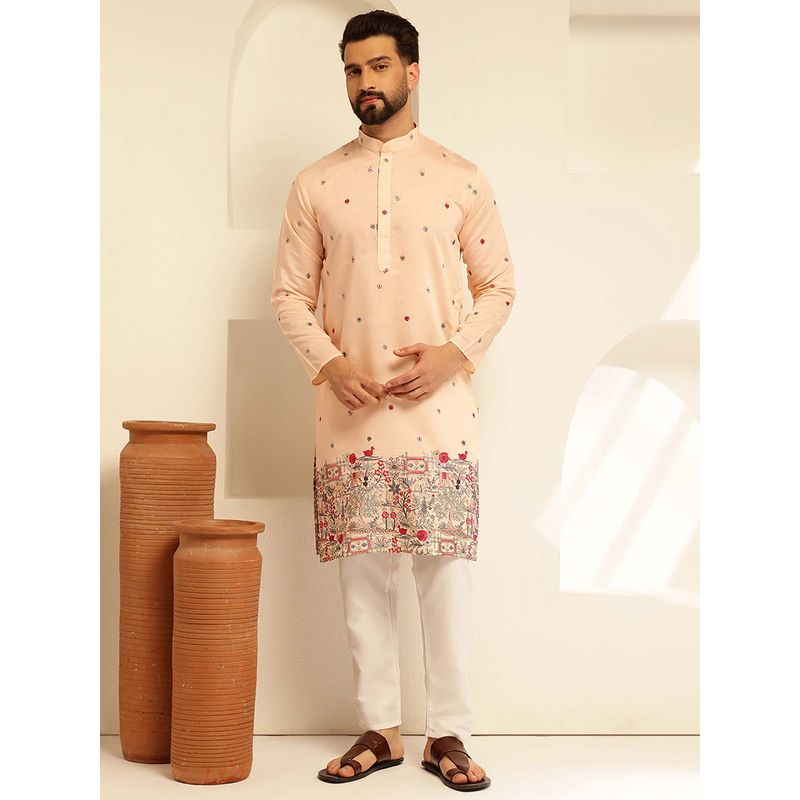 SOJANYA (Since 1958) Men's Cotton Silk Daman Embroidered Peach Kurta (44)