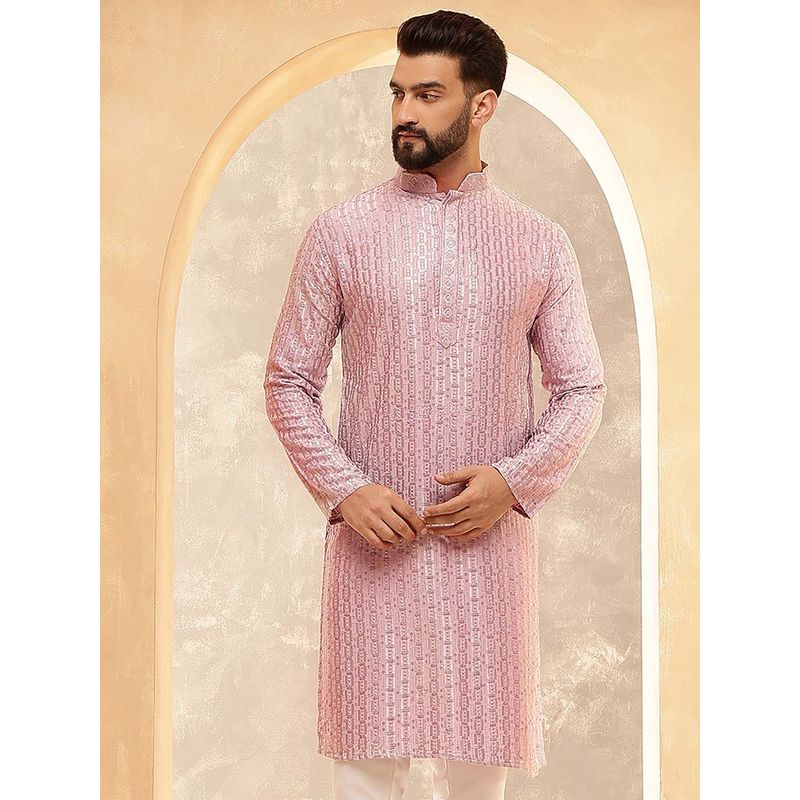 SOJANYA (Since 1958) Men's Cotton Rayon Shiny Thread Sequinned Pink Kurta (36)
