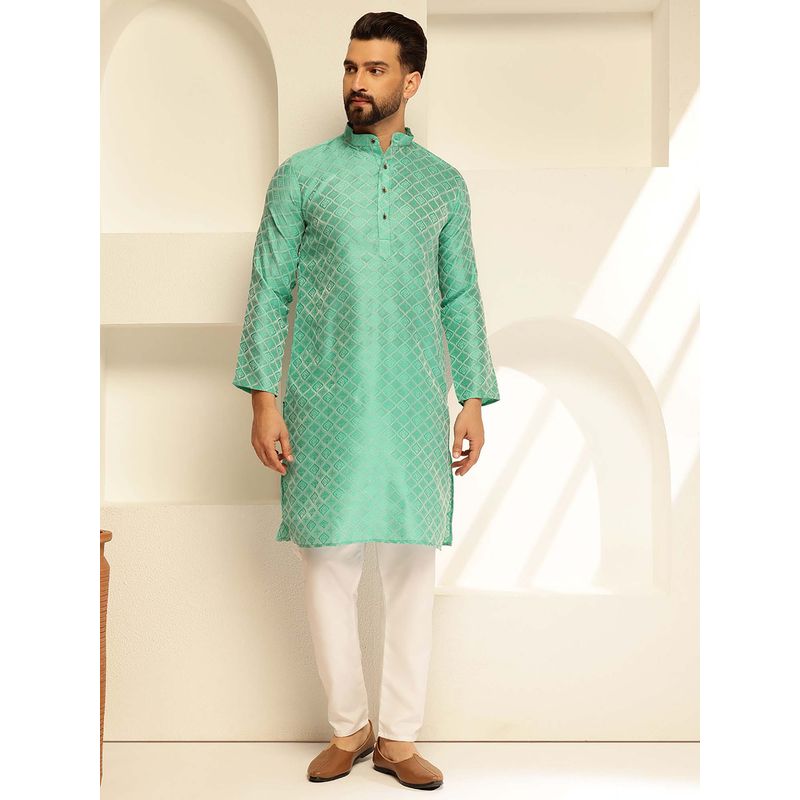 SOJANYA (Since 1958) Men's Jacquard Silk Woven Motifs Green Kurta (36)