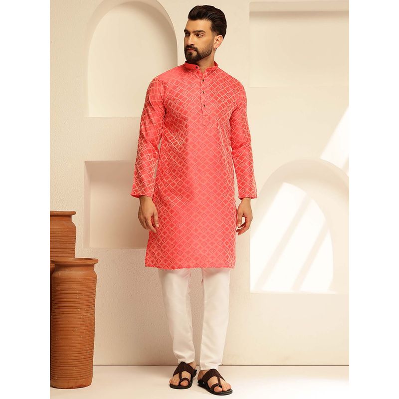 SOJANYA (Since 1958) Men's Jacquard Silk Woven Motifs Red Kurta (36)