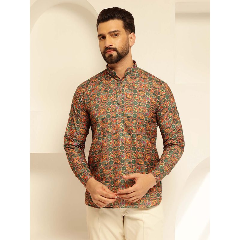 SOJANYA (Since 1958) Men's Cotton Linen Kalamkari Printed Multi And Green Only Short Kurta (36)