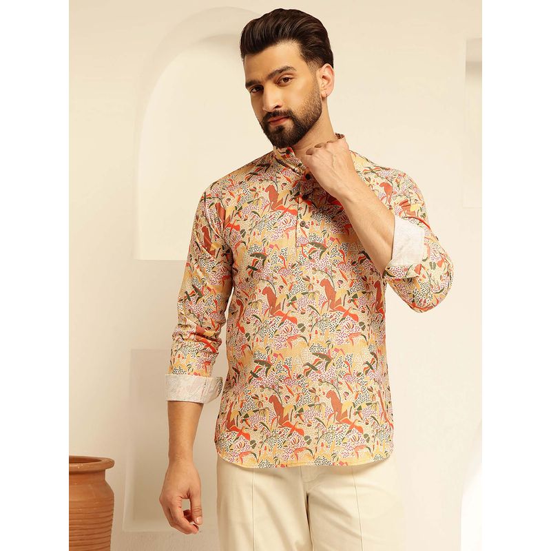 SOJANYA (Since 1958) Men's Cotton Linen Kalamkari Printed Multi And Beige Only Short Kurta (36)