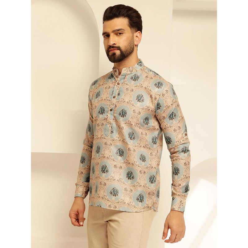 SOJANYA (Since 1958) Men's Cotton Linen Motif Bloom Printed Pista Only Short Kurta (36)