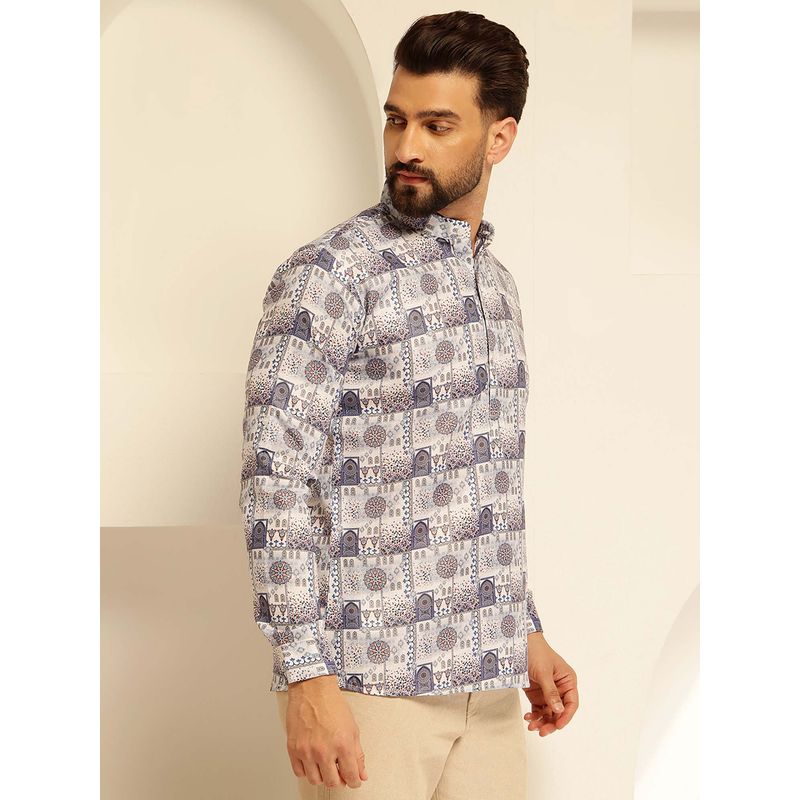 SOJANYA (Since 1958) Men's Cotton Linen Printed Blue And White Only Short Kurta (36)