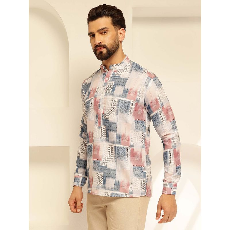 SOJANYA (Since 1958) Men's Cotton Linen Geometric Print White And Multi Only Short Kurta (36)