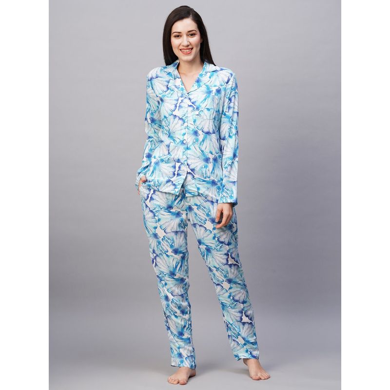 Drape In Vogue Women White With Blue Floral Print Night Suit (Set of 2) (S)