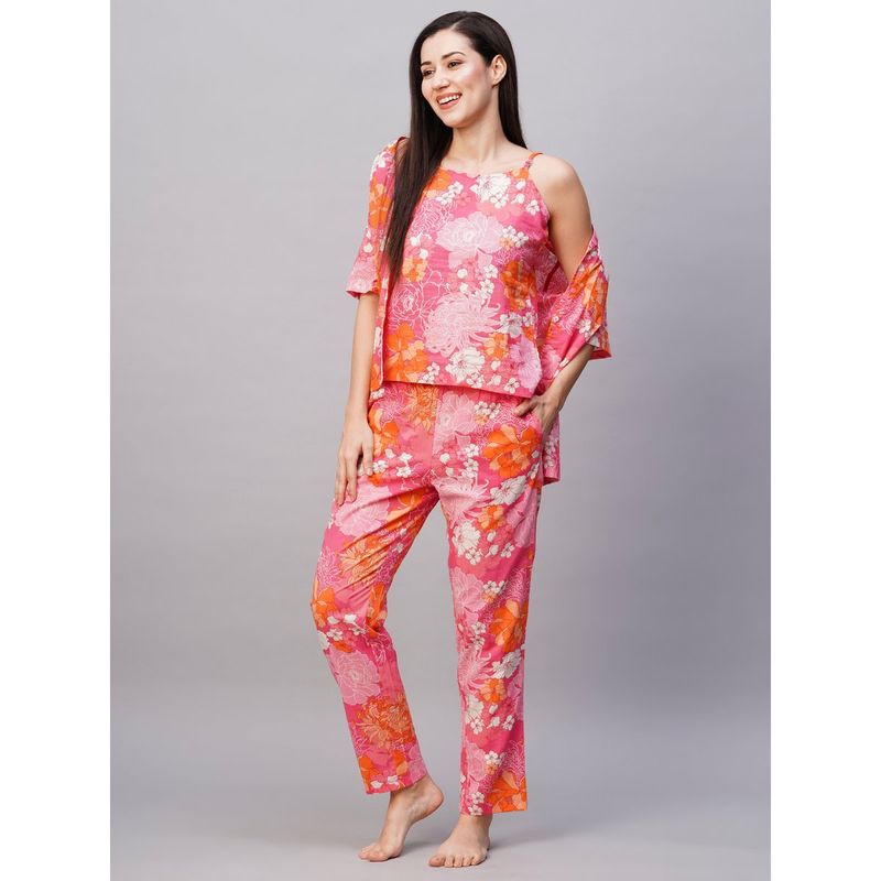 Drape In Vogue Women Pink Floral Print Night Suit (Set of 3) (L)