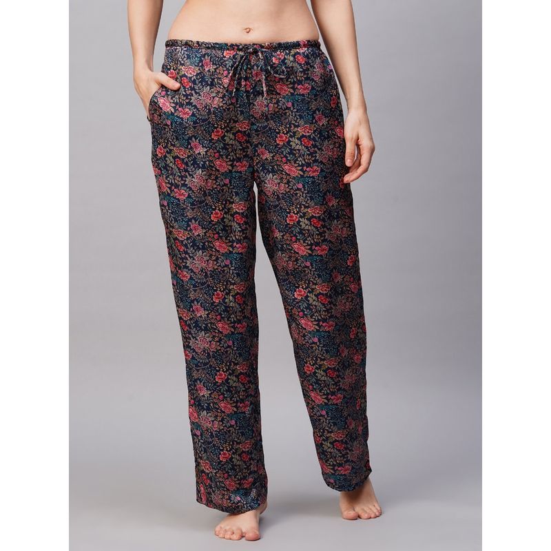 Drape In Vogue Women Navy Blue Floral Print Satin Pyjama (S)