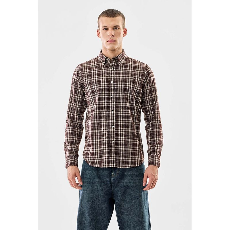Snitch Brown Checks Full Sleeves Slim Casual Shirt (S)