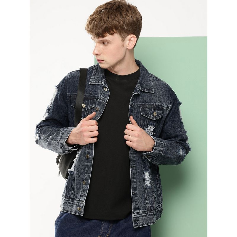 Voxati Grey Ripped Men's Washed Denim Jacket (XL)