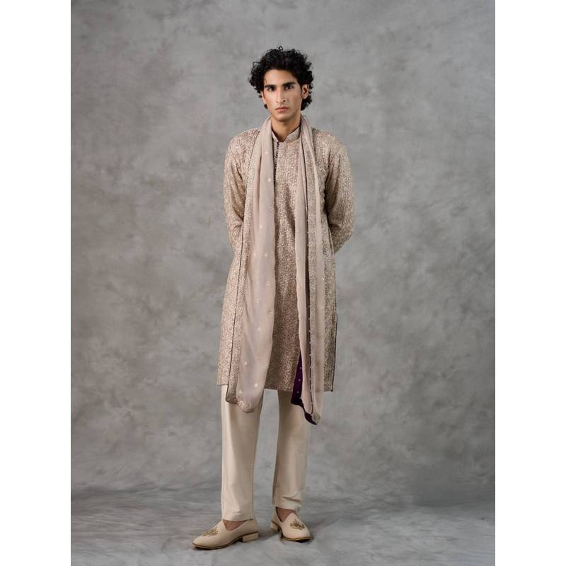 Twamev Beige Embroidered Straight Kurta Pant with Dupatta (S)