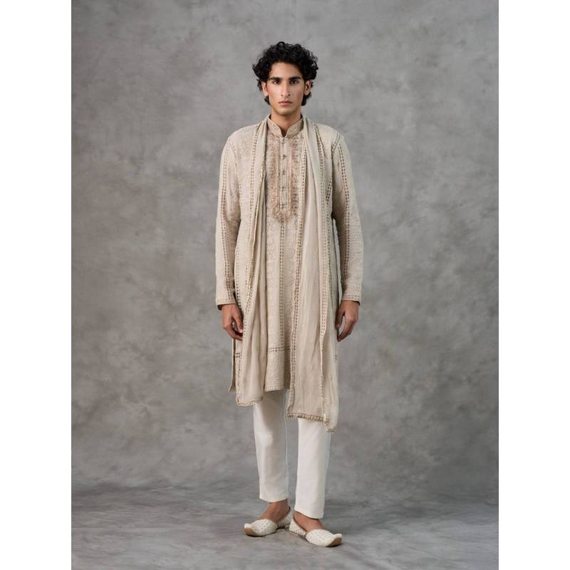 Twamev Beige Embroidered Straight Kurta Pant with Dupatta (M)