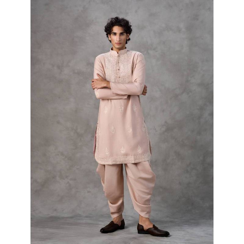 Twamev Pink Embroidered Straight Kurta & Dhoti (M)
