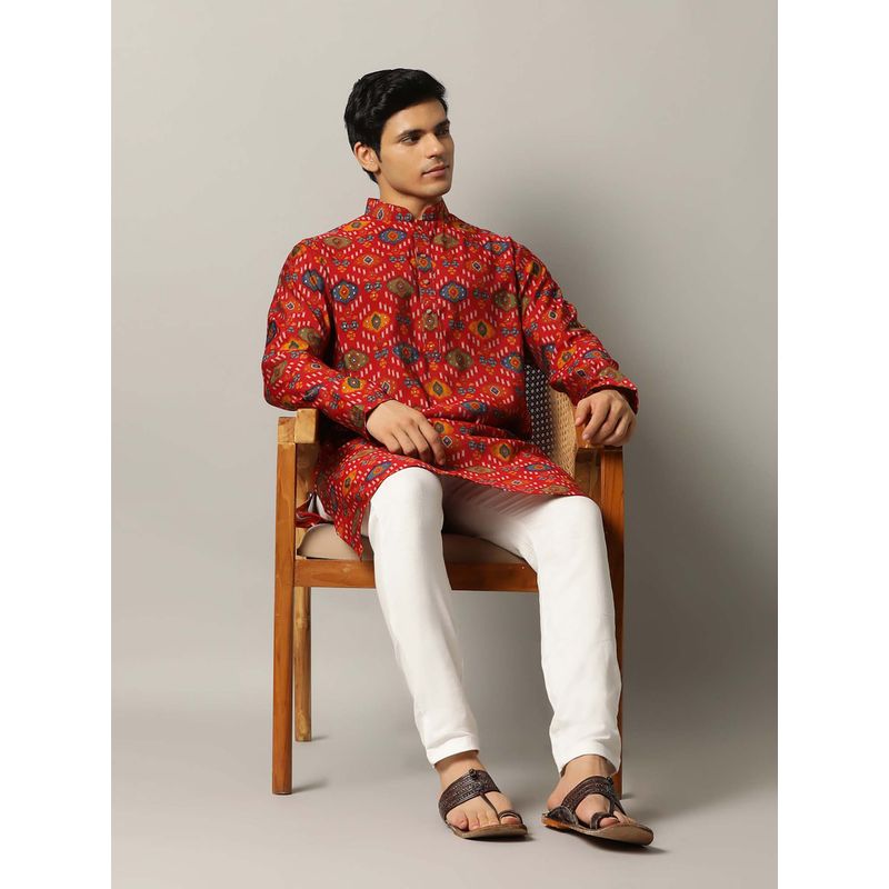 THE KURTA COMPANY Red Silk Blend Printed Regular Fit with Mandarin Collar Kurta (44)