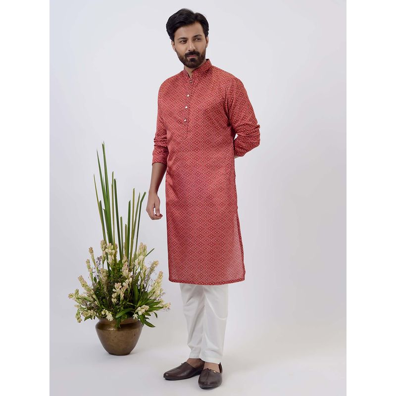THE KURTA COMPANY Red Silk Blend Bandhani Printed Kurta (38)
