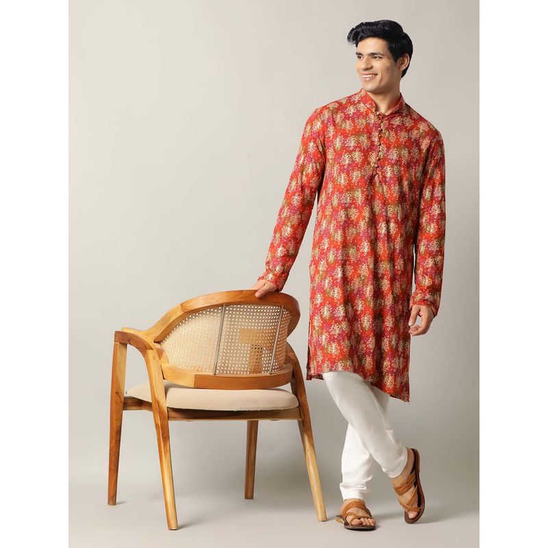 THE KURTA COMPANY Orange Silk Blend Printed Kurta (40)