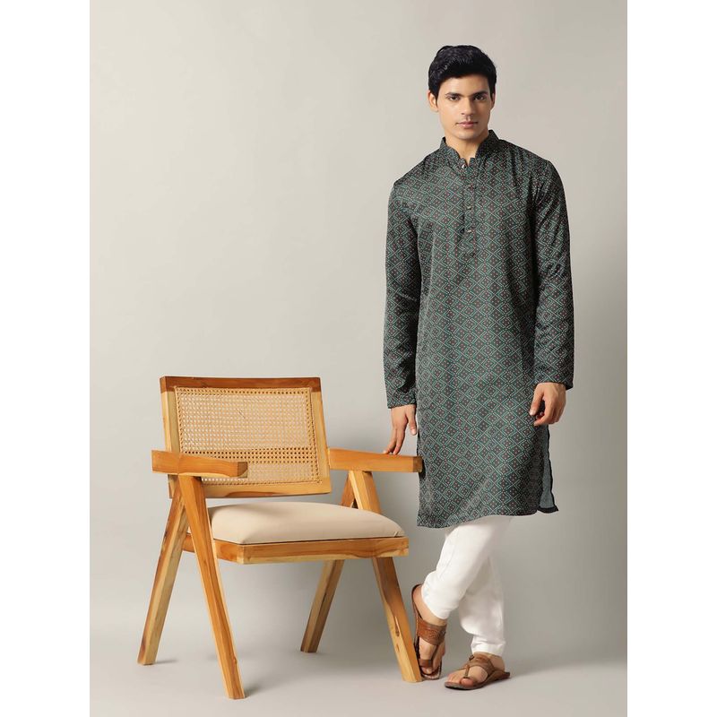 THE KURTA COMPANY Bottle Green Silk Blend Printed Kurta (38)