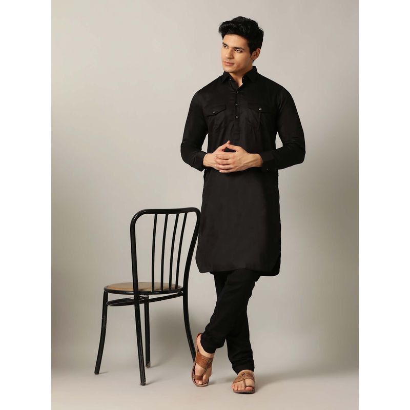 THE KURTA COMPANY Black Silk Blend Solid Pathani Kurta (38)