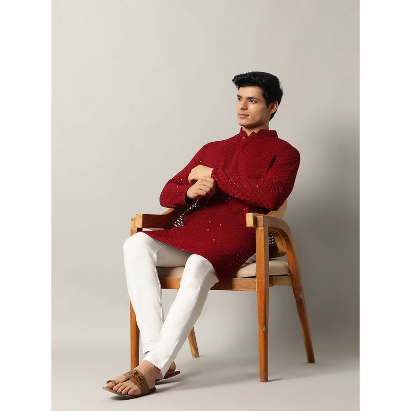 THE KURTA COMPANY Maroon Rayon Embroidered Regular Fit with Mandarin Collar Kurta (44)